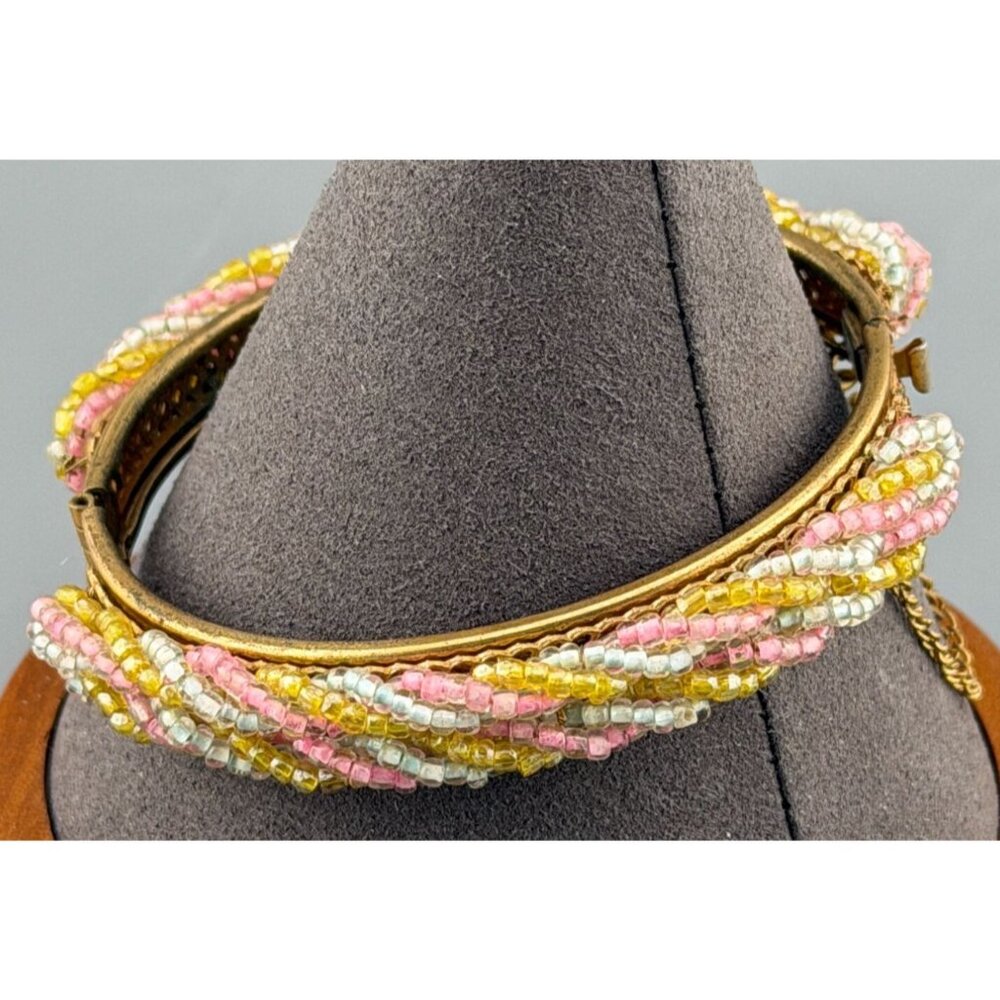 Vintage Miriam Haskell Signed Hinged Bracelet Twisted Glass Beads Pink Yellow